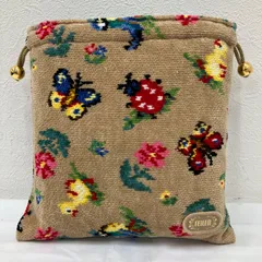 619　良品　FEILER　フェイラー　ポーチ　 小物入れ　コスメケース　巾着　 ハイジ　花　てんとう虫　蝶々　小鳥　 ベージュ系　シュニール織り　銀座・WEB限定　レディース