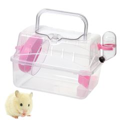 【在庫セール】HAPPY SUGAR ハムスター キャリーケース 給水機付き 小動物 キャリーバッグ お出かけ ケージ 持ち運び ペットバッグ 外出用 移動用 透明 軽量 (ピンク)