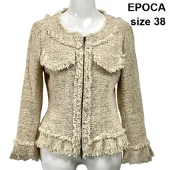 ◇ エポカ EPOCA ツイード ノーカラージャケット 七分袖 フリンジ フロントファスナー アイボリー 生成 綿 38 M 9号 レディース S6C429のサムネイル