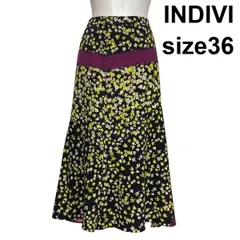 ◇ インディヴィ INDIVI 小花柄スカート ロングスカート アシンメトリー フレア Aライン 黒 黄色 パープル 36 S 7号 レディース S6C385