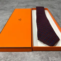 【箱付き】HERMES　エルメス ロゴ入り小紋柄ネクタイ シルク100% メンズ フランス製 ネイビー 紺色 ボルドー チェーンモチーフ 総柄 クラシック ドレス ヴィンテージ