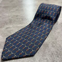 【HERMES】エルメス 鱗柄ネクタイ シルク100% フランス製　メンズ　ネイビー　紺色　レッド　赤　イエロー　黄色　チェーン柄　ヴィンテージエルメス　Y2K