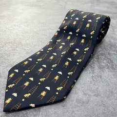 【HERMES】エルメス アニマル柄ネクタイ シルク100% メンズ　ネイビー　紺色　フランス製　ビジネス向け　蛙　雲　梯子　バイカラー　可愛い