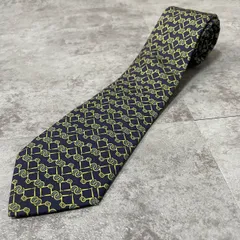【HERMES】エルメス　チェーン柄ネクタイ　ネイビー　紺色　イエロー　黄色　グリーン　緑　マルチカラー　フランス製　シルク100%　メンズ　ビジネス向け　ヴィンテージ　Y2K