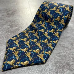 【HERMES】エルメス ライオン柄ネクタイ ライオンモチーフ シルク100% メンズ フランス製 ネイビー 紺色 ゴールド 金色 ブルー 青色 アニマル柄 総柄 ビジネスネクタイ ブランドネクタイ ライオンデザイン