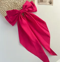 【ローズレッド】リボン ビッグリボン バレッタ 大きめ ヘアアクセサリー レディース 韓国 ロングリボン 上品 結婚式 発表会