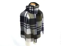 ■新品同様■ Joshua Ellis ジョシュアエリス カシミヤ100％ チェック柄 フリンジ マフラー ストール カーキ系×マルチカラー FV8935