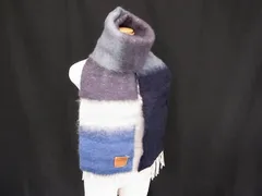 ■美品■ LOEWE ロエベ アナグラム モヘヤ×ウール×ナイロン フリンジ  マフラー ストール グレー系×ブルー系 FV8841