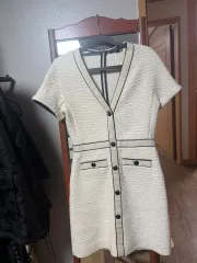 マージュ(Maje) アイボリー Vネック 半袖 ツイード ミニ ONE PIECE