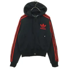 adidas アディダス バイカラー ワンポイントロゴ トレフォイルロゴ 長袖 ジップパーカー S ブラック レディース 古着