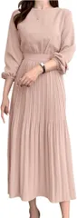 neccote(ネコート) レディース ワンピース ドレス プリーツ クラシカル 長袖 パーティ 無地 ロング丈 大人 オフィス 春 秋 冬 NC405PKXL (ピンク,  XL)