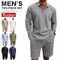 セットアップ メンズ 春 夏 リネン 上下セット 2点セット ポロシャツ 長袖 ハーフパンツ ウエストゴム ショートパンツ 麻混 麻 大きいサイズ ゆったり カジュアル おしゃれ リゾート バカンス ビーチ 通気性 さらり 軽量 yifengyux10