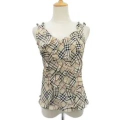 バーバリーブルーレーベル BURBERRY BLUE LABEL カットソー 38 ベージュ ノースリーブ Vネック ノバチェック柄 フリル /YS58 ■ECD001