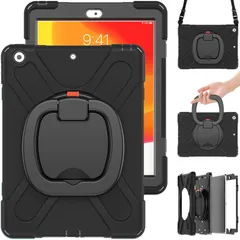 【在庫処分】iPad 第7/8/9世代/iPad10.2インチ用のケース 肩掛け ショルダーストラップ 360°回転ベルト スタンド ペンシル収納 虹色 米軍MIL資格 耐衝撃 キッズ かわいい 子供 アウトドア リング 持ち手付き (黒)