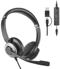 【特価セール】ヘッドセット 有線 マイク付きイヤホン 3.5mm/USB-A/USB-C対応 ノイズキャンセリング搭載 ステレオ音声 音量調節・ミュート機能付き 軽量で快適 オンライン会議/テレワーク/仕事用 ブラックグレー