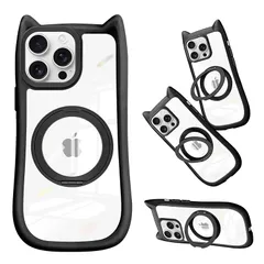 【新品】 iPhone 15 Pro Max 対応 ケース クリア リング付き 隠しスタンド 猫耳 ネコミミ TPU+PC アイフォン15 pro max カバー MagSafe対応 360度回転スタンド リング付き iphone 15 pro max 対 0