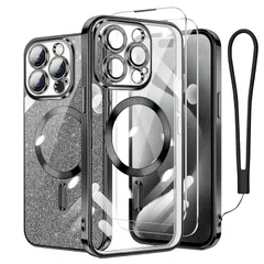 【新品】 iPhone 15 Pro 用 ケース クリア MagSafe対応 マグネット搭載 2枚 HDフィルム付き キラキラ グリッターカード ストラップ付き アイフォン 15 プロ カバー マグセーフ対応 薄型 軽量 レンズ保護 全面保護 耐衝撃（ブラ 0