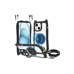 【新品】 iPhone 15 Plus 用 ケース クリア MagSafe対応 360度回転スタンド リング付き PC背面 + TPUバンパー ワイヤレス充電 ネック ショルダー あいほん15 Plus カバー 肩掛け 首掛け 斜めがけ 紐付き 韓国 かわいい