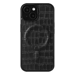 【新品】 栃木レザー 本革 スマホケース iPhone 15 Pro Max 互換性 MagSafe 対応ケース クロコ型押し クロコダイル模様 グリップ (ブラック) 0