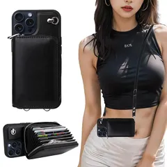 【新品】 いphone15Pro ケース ショルダー, 財布型 iphone15Pro ケース ショルダー付き 大容量 カード収納, 長さ調整可能 肩掛け 斜めかけ, アイフォン15Pro ケース 背面収納 ストラップ 手帳型, ストラップ付き (黒, 15 