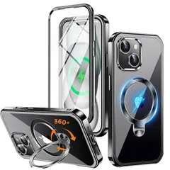 【新品】 【360°回転CD スタンド・両面完全保護・MagSafe対応】NIANGUO iPhone 15 用 ケース [横縦両立・隠し定点回転スタンド・超絶安定性] [本体の色・ソフトメッキバンパー&完全信号！] ストラップホール付き 米軍MIL規格取 0