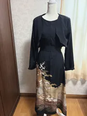 黒留袖着物リメイクワンピース　長袖ボレロ付き　古典柄牛車