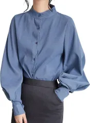 グリーンパキラ レディース ブラウス 長袖 トップス パフスリーブ シャツ 秋 冬 春 オフィスカジュアル スタンドカラーシャツ 大きいサイズ 丸首 襟付き シンプル 無地 前開き 女性 (ライトブルー,  M)