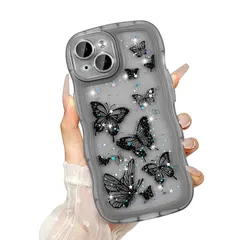 【新品】 UEEBAI 対応 iPhone 15 用の ケース が光る レーザー グリッター 光沢カバー 可愛い おしゃれ 蝶 キラキラ ケース 透明 TPU ウェーブデザイン スマホケース 軽量 耐衝撃 女性 人気 波型 バンパー スマホケース - ブラ 1