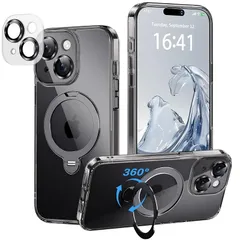 【新品】 iPhone 15 用 ケース【極限の透明感と保護力】 4in1 カメラ保護一体/MagSafe対応/360度回転スタンド/ストラップホール穴付き 縦横両対応 黄ばみ防止 ワイヤレス充電対応 耐衝撃 カメラフィルム マグネット搭載車載 ホルダー対
