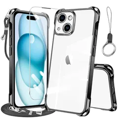 【新品】 tuulaasii iPhone 15 ケース クリア ストラップ2枚付き HDフィルム1枚付き 調節可能な ショルダー 首掛け 紐付き 肩がけ ストラップホール付き 透明 シリコン TPU 耐衝撃 ワイヤレス充電 傷防止 全面保護 アイフォン 1