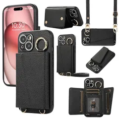 【新品】 Pelanty 縄掛けケース For iPhone 15 Plus 手帳型ケース for iPhone15 Plus ケースリング 携帯カバー 肩掛け斜めがけショルダー ストラップ付き PUレザー+TPU アイフォン15プラス 背面カバー お札入 0