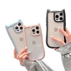 【新品】 saymi 猫耳 おしゃれ 韓国 iPhone15 ケース 3色展開 くすみカラー 可愛いシルエット 肉球形サイドボタン ネコ好き クリア 軽量 衝撃吸収 持ちやすい cat (ブラック, iPhone15) 1