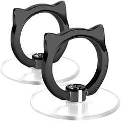 【新品】 猫 透明 スマホリング ネコ 落下防止リング ホールドリング 薄型 スタンド 車載ホルダー 360回転 iPhone/Android各種他対応 (猫型2個黒) 1