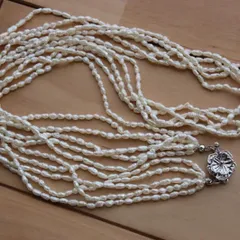 KT36【高級】淡水パール 5連 ネックレス GSILVER刻印  ライス型