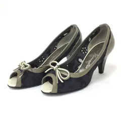 銀座かねまつ   花柄レースオープントゥパンプス  ネイビー 22.5cm【中古】