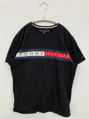 TOMMY HILFIGER トミーヒルフィガー Tシャツ/カットソー S ブラック ブランドロゴ ライン柄 ミドル丈 半袖 クルーネック(丸首)