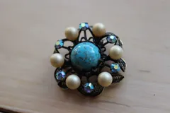 KT38 ヴィンテージ ブローチ ターコイズブルー パール ラインストーン アンティーク