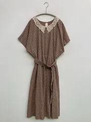 ワンピース ブラウン チェック柄 レース 半袖 ロング・マキシ丈 フレア