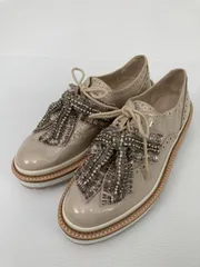 ZARA ザラ ローファー 38 ベージュ エナメル 無地 ビジュー リボン