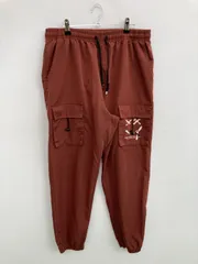 カーゴパンツ L ブラウン クロップド・半端丈 無地 ワンポイント ワイド・ルーズ テーパード ウエストゴム・紐 ハイウエスト