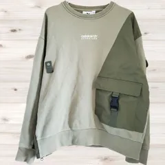 B1499 アディダス adidas トレーナー スウェット 長袖(L) カーキ プリントロゴ文字 Uネック ノーカラー