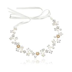 【在庫セール】ホワイト ヘッドドレス リボン 花冠 ヘアアクセサリー 花かんむり 結婚式 発表会 パール 披露宴 卒業式 クリスタルビーズ パーティー ダンス 花 和装 撮影 髪飾り 写真 子供 サムコス 大人用 (Aゴールド)