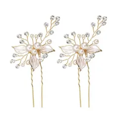 【人気商品】結婚式 ヘアピン 二次会 三つ葉 発表会 卒業会 ゴールドヘアピン パール 髪飾り DFsucces (ゴールド-２本セット)