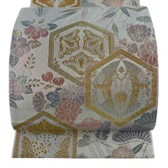 【美品】 袋帯 名品 向かい鶴 草花 金銀糸 唐織 銀色 六通 正絹 【中古】