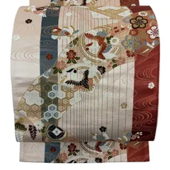 【美品】 袋帯 秀品 扇面 鶴 金糸 唐織 ベージュ 六通 正絹 【中古】