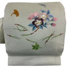 名古屋帯 秀品 桜 松葉 刺繍 金糸 金色 正絹 【中古】