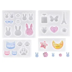 【特価セール】パーツ 作成 ペンダント レジンアクセサリー ネックレス 手芸 樹脂 DIY ソフトモールド UVレジン エポキシ樹脂 工芸品 ネコ メガネ うさぎ 星月 抜き型 4個セット シリコンモールド サムコス