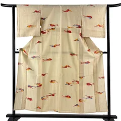 小紋 身丈154.5cm 裄丈62cm S 薄物 夏紬地 鳥 ベージュ 正絹 秀品 【中古】