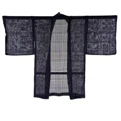 【美品】 羽織 身丈93cm 裄丈67.5cm L 洗える着物 格子柄 濃紺 化繊 名品 【中古】