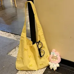 イエロー 刺繍 リボン ショルダーバッグ 高デザイン クリーン 万能コーデ お出かけ ルーズスタイル 通勤 トートバッグ